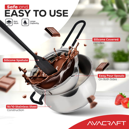 AVACRAFT Double Boiler 18/8 Stainless Steel Double Boiler Pot with Stainless Steel Pot and Silicone Spatula, Double Boiler Set for Melting Chocolate, Candy, Soap, Wax, Candle Making (1 Quart)
