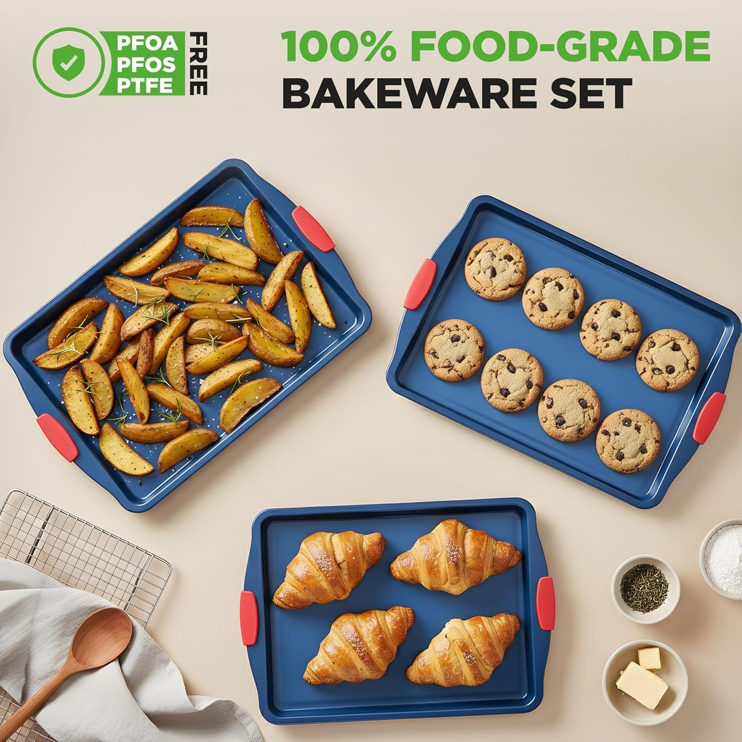 NutriChef Nonstick Cookie Sheets Set - Premium Carbon Steel Baking Trays with Silicone Handles | Large, Medium, Small - Blue