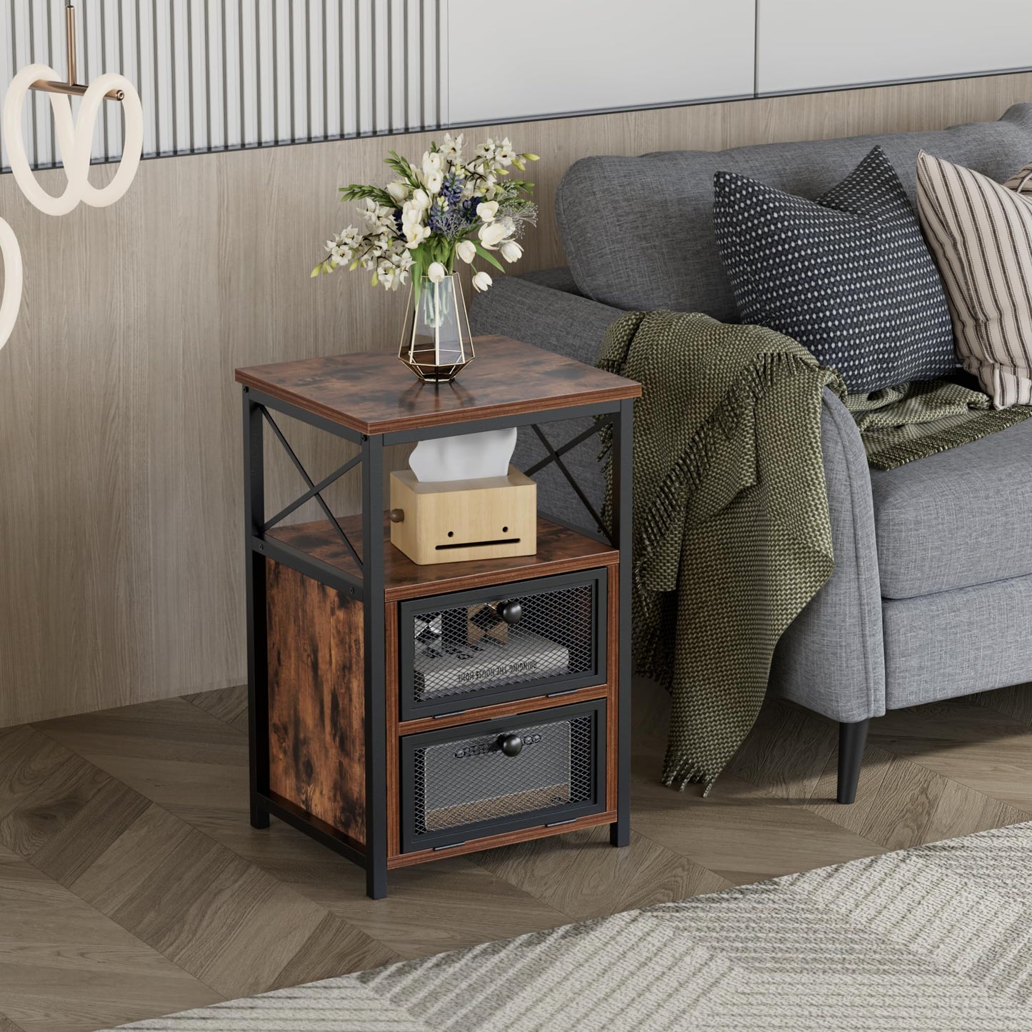 VECELO End Tables Set of 2 with Storage Space,Flip Door Night Stand for Living Room,Bedroom,Small Space,Rustic Brown
