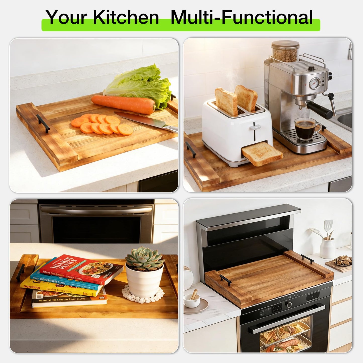 Noodle Board Stove Cover with Handles, 30 X 22 X 2.1" Wooden Stove Top Cover, Multifunctional Stove Cover for Electric&Gas Stove Top (Brown)