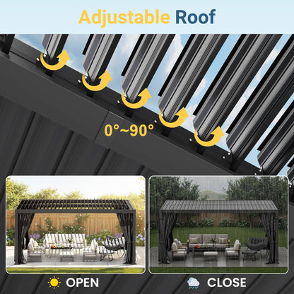 12' x 16' Louvered Pergola, Metal Outdoor Pergola with Adjustable Louvered Roof, Curtains & Netting, Gutter System, Hardtop Patio Gazebo for Patio, Deck, Garden, Yard, Dark Gray