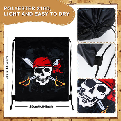 Kacctyen 24 Pcs Pirate Party Favor Goody Candy Treat Bags Halloween Pirate Captain Skull Gift Drawstring Bags for Boys Girls Adventure Themed Birthday Party Supplies Decoration(16 Pieces)
