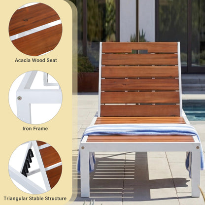 ApilithHive Outdoor Chaise Lounge with 6-Position Adjustable Backrest, Acacia Wood and Steel Frame, 78.7", 400 lbs Capacity, White and Brown