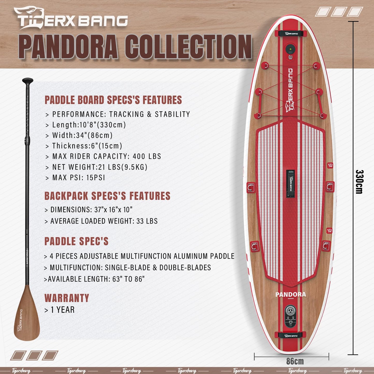 TIGERXBANG Paddle Board, 10.8' Stand Up Paddle Board with Premium Complete Inflatable SUP Accessories, Extra Wide Paddleboards for Adults & Kids-Pandora Collection Chili Red