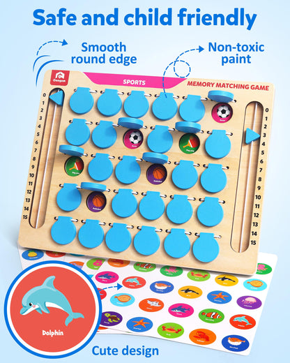 Coogam Memory Matching Game, Wooden Board Travel Toy with Memory Cards, Essential Activity for Road Trip Airplane/Car/Camping, Fine Motor Educational Gift Toy for 3 4 5 Year Old Kids