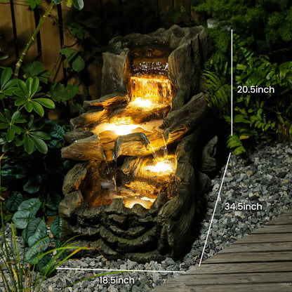 Sunlinua 34.5" L Garden Outdoor Water Fountain, Floor Standing Wood Imitation Resin Natural Waterfall Fountains with LED Lights for Patio, Porch, Home Art Decor