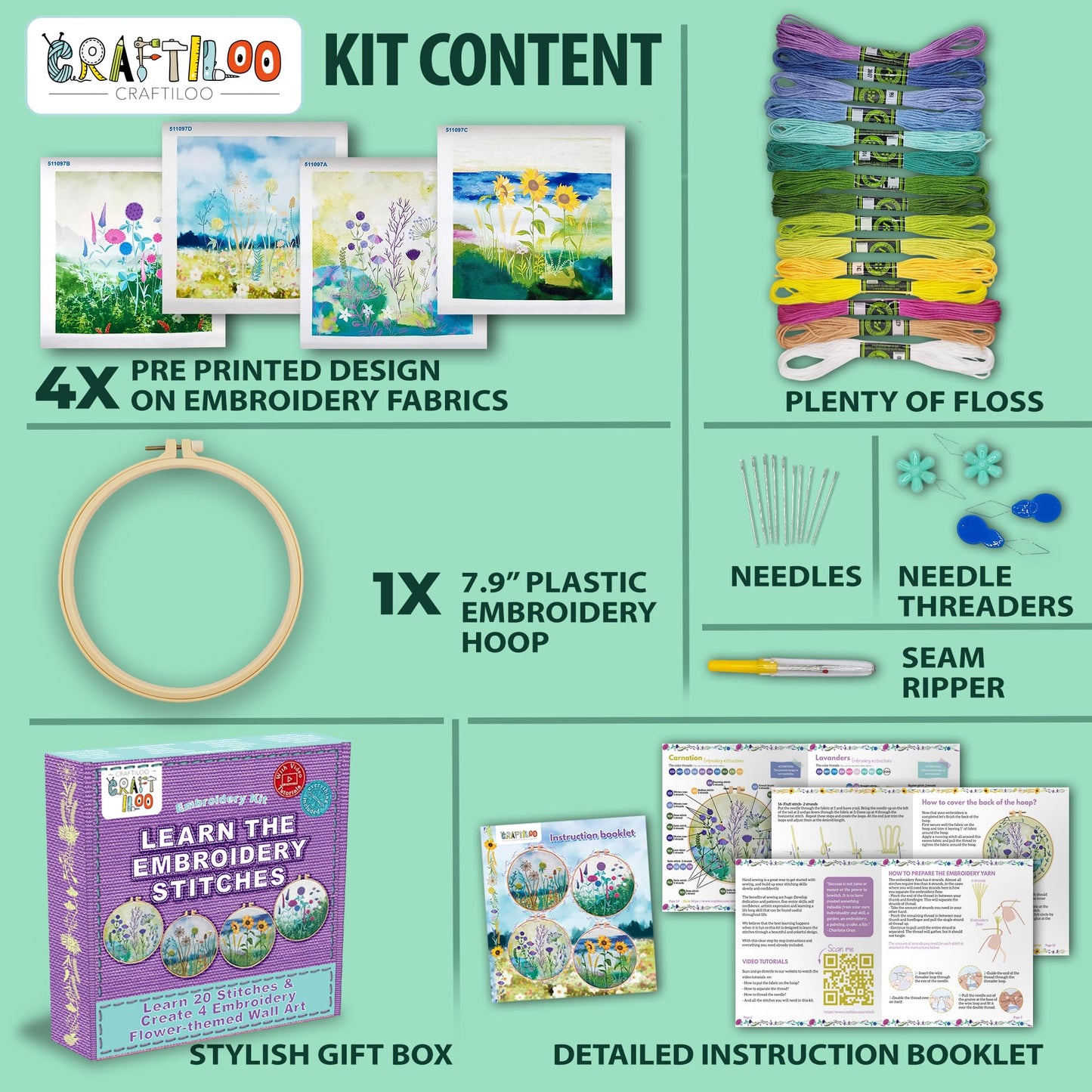 CRAFTILOO Embroidery Kit for Beginners Adults — 4 Floral Stamped Patterns, Learn 17 Stitches | Complete Needlepoint Kit with Hoop, Needles, Thread & Video Tutorial | Embroidery Kits for Adults Women