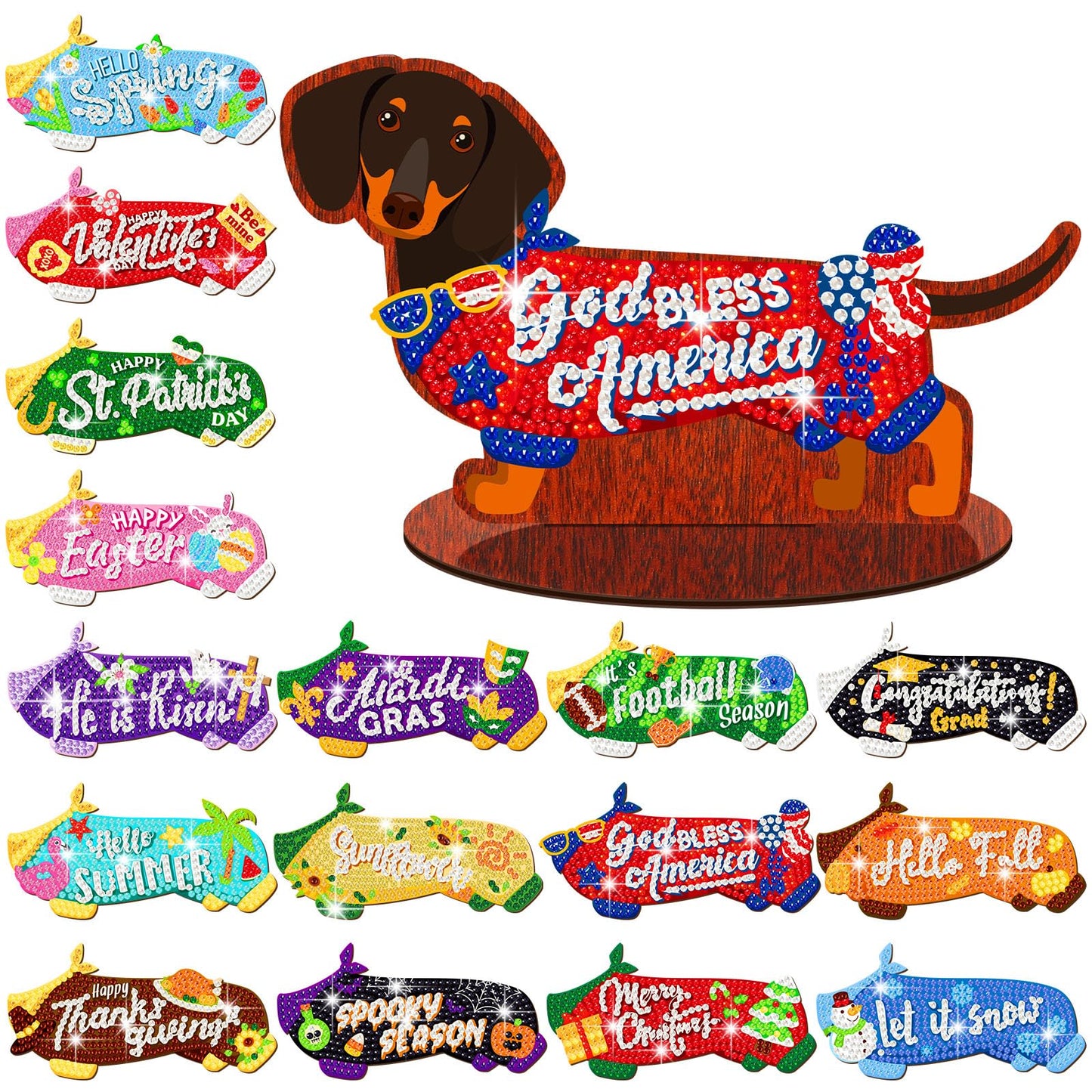Briwooody 16 Pcs 4th of July Dachshund Diamond Art Kits for Adults - Interchangeable Seasonal & Holiday Decor, Wooden Dachshund Diamond Painting Table Centerpieces for DIY Tiered Tray Home Party