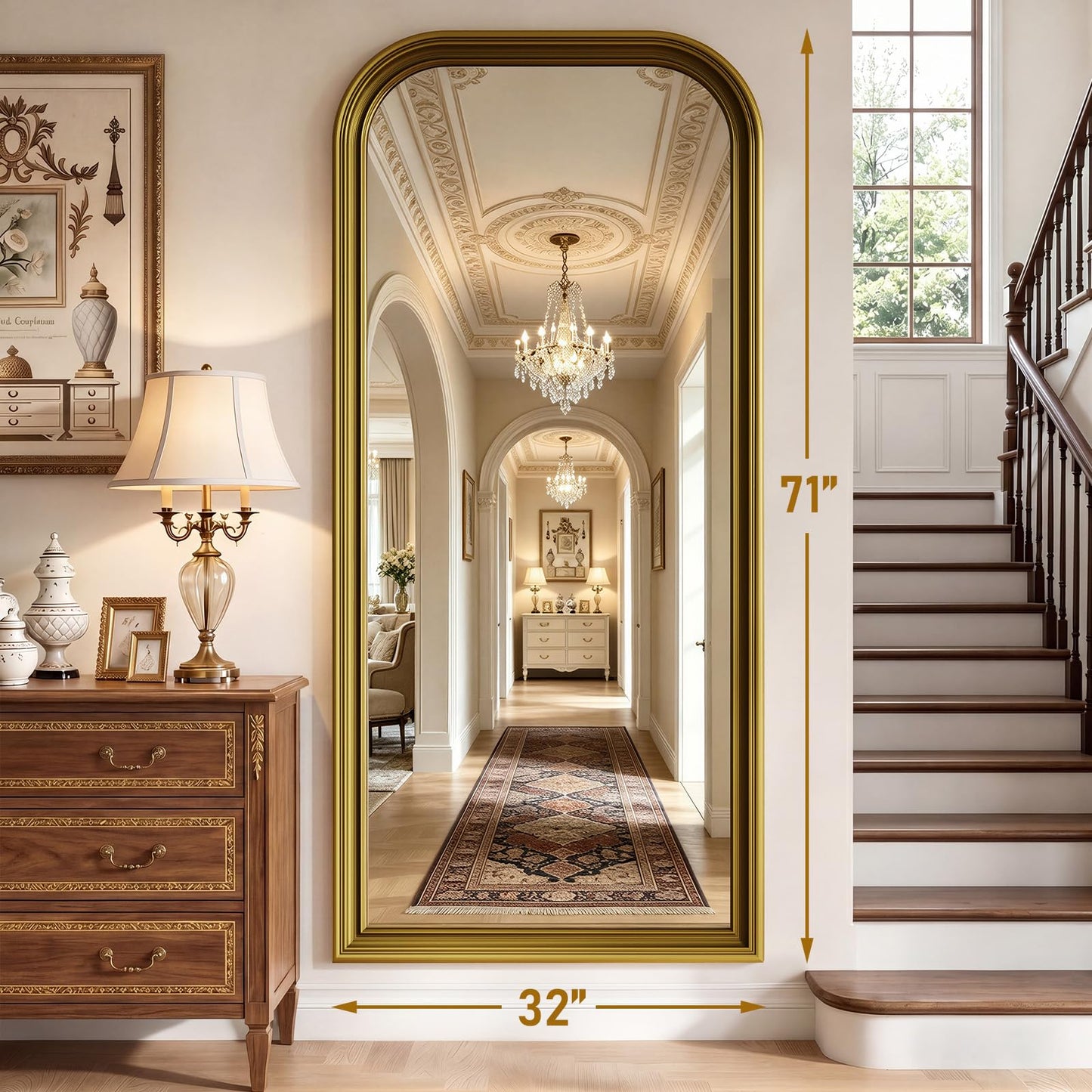 FlyEcho Full Length Mirror with Stand, 71"x32" Full Body Mirror, Floor Length Mirrors Wall Mounted with Rounded Top, Large Standing Mirrors, PU Frame, for Bedroom Living Room Cloakroom, Antique Gold