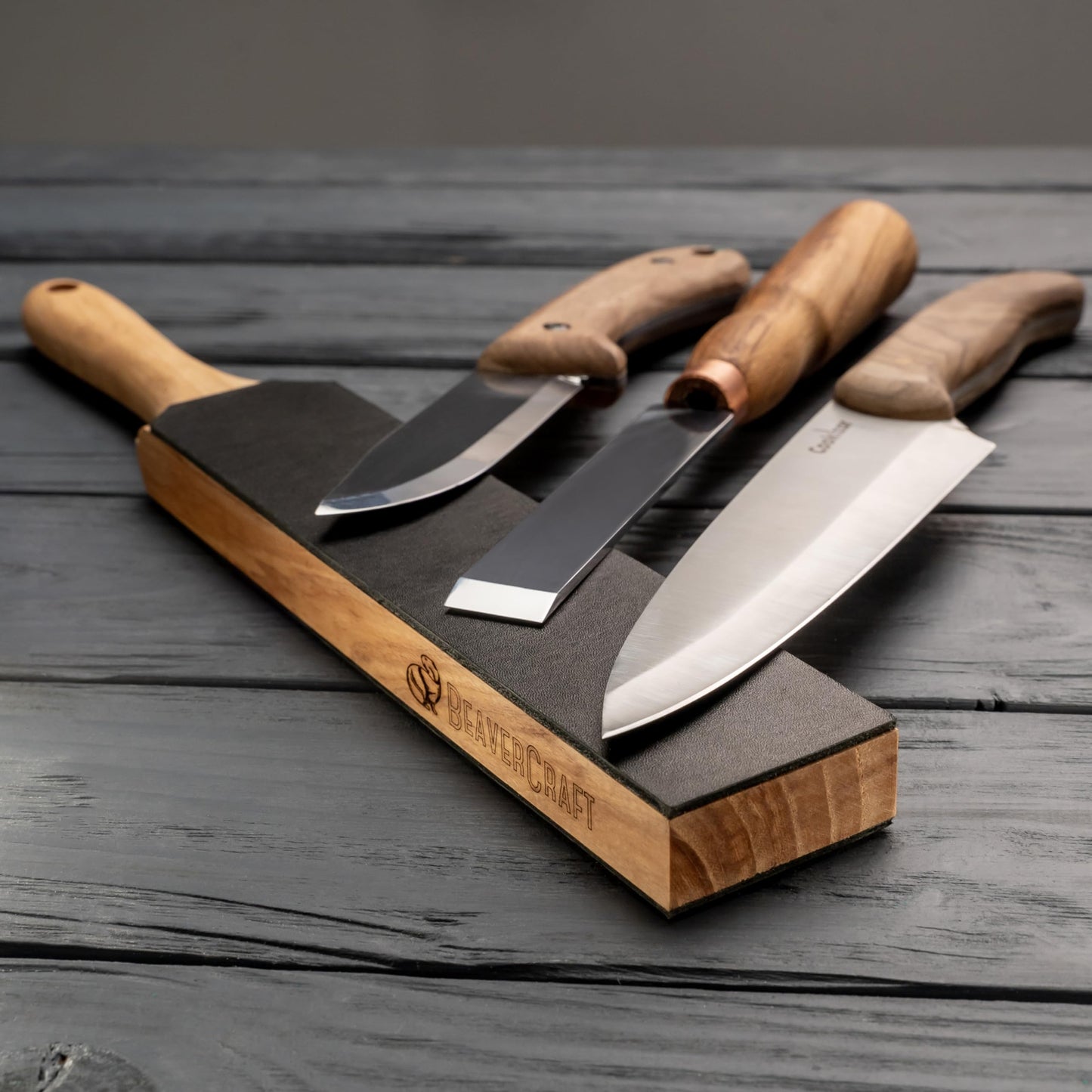 BeaverCraft LS6P1 Leather Strop for Knife Sharpening with Polishing Compound 14" S14x Deluxe Wood Spoon Carving Tools Kit Leather Roll-Up Case