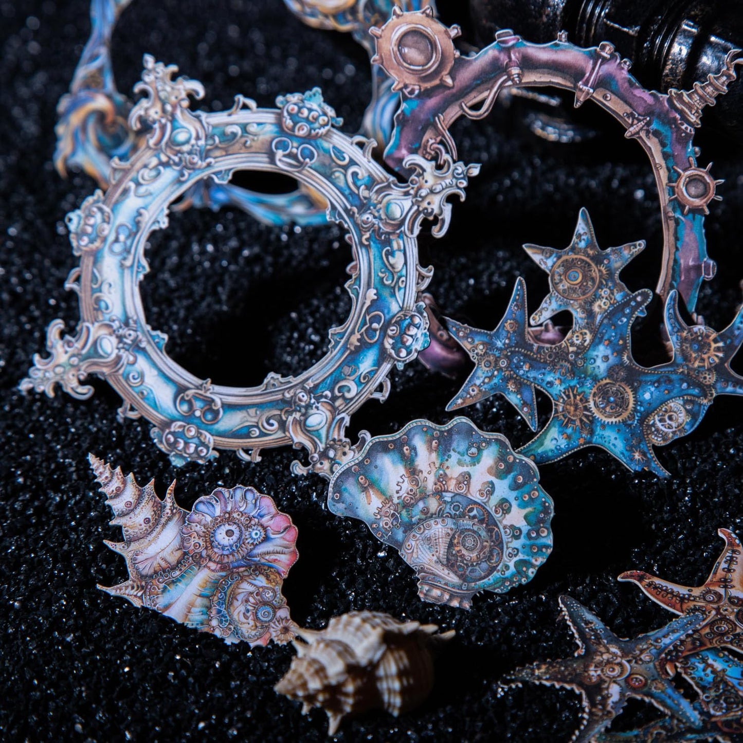 60-Piece Steampunk Ocean Scrapbook Stickers - Self Adhesive Hard Cardstock Victorian Stickers with Nautical Frames, Jellyfish, Seahorses, Fish, Mechanical Elements