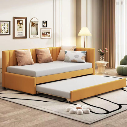 YOPTO Twin Size Upholstered Daybed with Trundles,Bedroom Wood Sofa Bed Frame w/Linen Fabric Backrest,Semi-Closed Design,No Box Spring Needed,for Kids Teens Boys Girls,Yellow