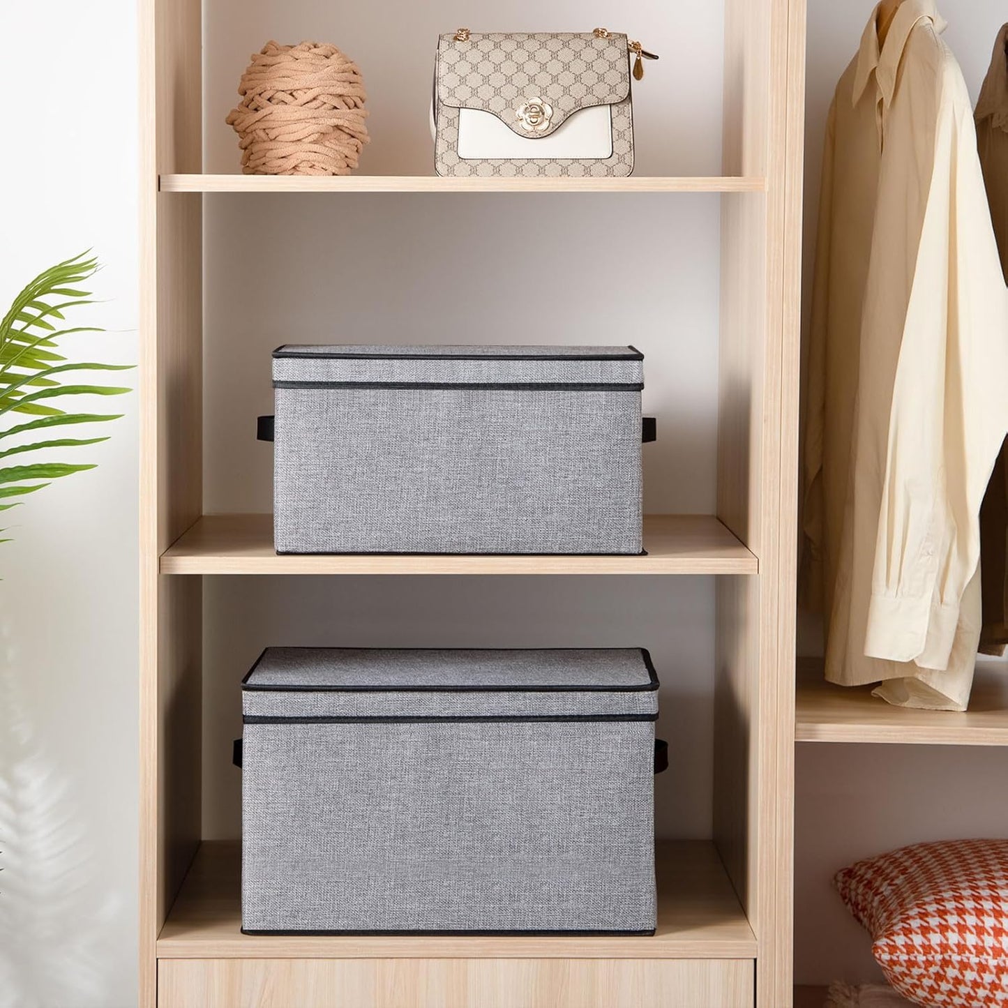 Fabric Storage Boxes, 3 Pack Large 16.5 x 11.8 x 10.2 Inch Baskets with Lids, Decorative Linen Closet Organizers with