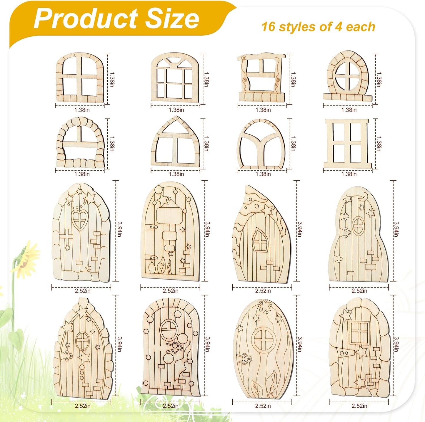 Skiennix Fairy Door Mini Wooden Garden Doors - 64 Pcs Unfinished DIY Craft Kit for Home Decor