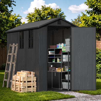 Devoko 4×8 FT Resin Storage Shed with Floor, Garden Plastic Outdoor Shed with Window and Lockable Door, Waterproof Outside Tool shed for Backyard Patio, Dark Grey