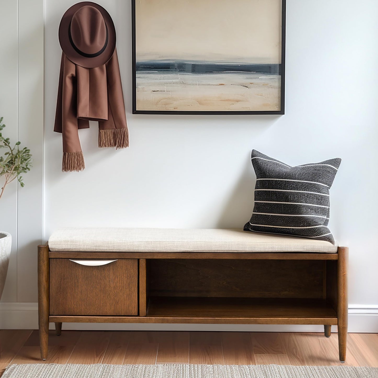 Ink+Ivy Arcadia Entryway Accent Bench with Shelf Shoe Rack, Padded Seating Bench for Living Room, Modern Compact Bed End Bench with Storage for Bedroom Seating, Removable Cushion, 42" W, Walnut Brown