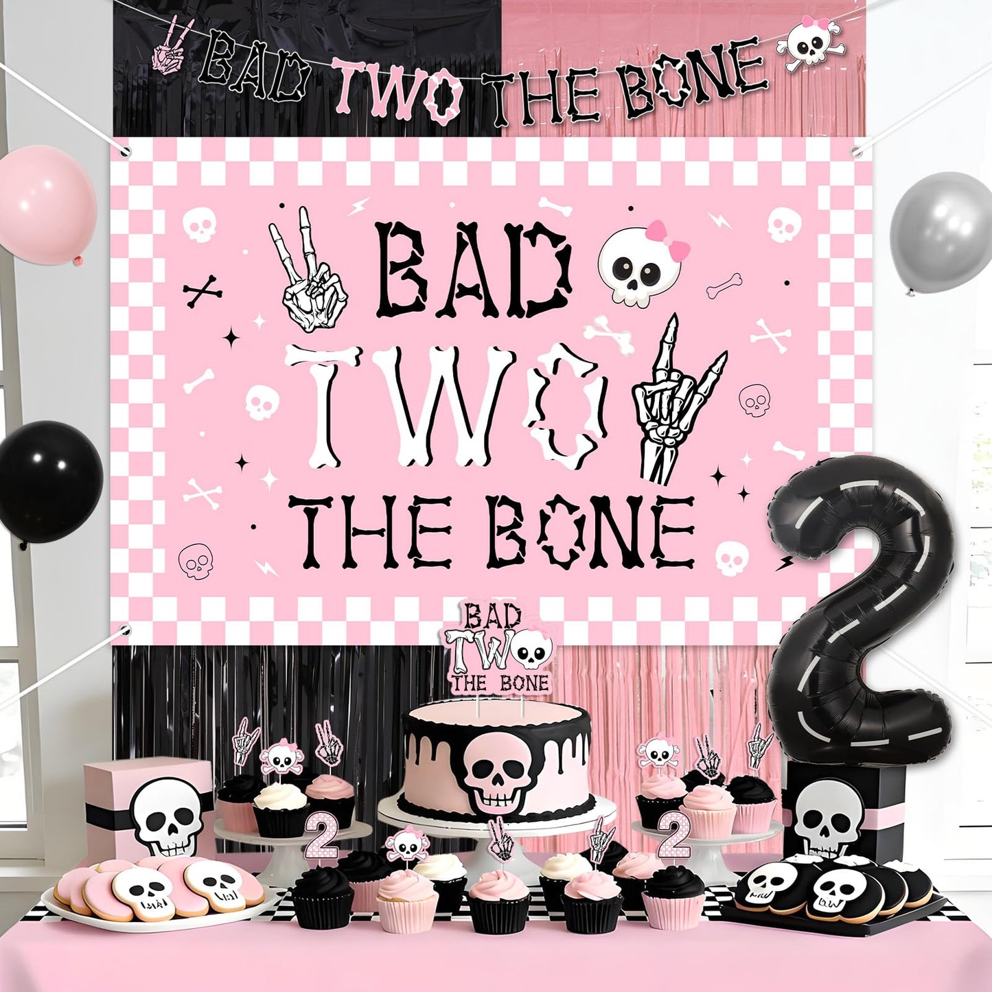 kreat4joy Bad Two The Bone Party Decoration Pink, Skeleton Theme Backdrop Banner Cake Cupcake Topper Table Cloth Hat Fringe Curtain Latex Balloon Garland Arch Kit for Girl 2nd Birthday Decoration