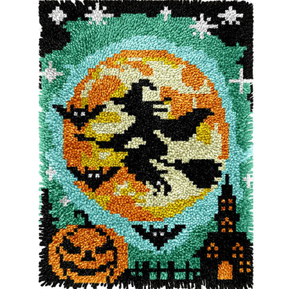veirousa Halloween Flying Witch Latch Hook Kits for Adults Kids Beginners Pumpkin DIY Latch Hook Rug Kit Pre-Printed Hook and Latch Carpet Making Kits Cross-Stitch Wall Hanging Crochet Set 15x20 Inch
