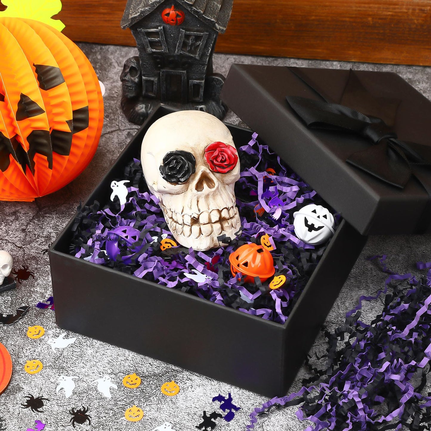 Jansun 1LB/16oz Halloween Crinkle Cut Paper, Black Purple Shred Filler Grass with Pumpkin Spider Bat Witch Ghost Confetti for Halloween Bakset Gift Box Bag Wrapping Basket Filling Party Decorations