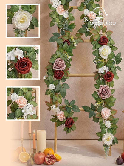 Floraobley 5.5FT Artificial Flower Garland Burgundy Rose & Greenery for Wedding Arch Backdrop Table Centerpiece Mantel Decor, with 3D Butterflies & Decorative Accessories