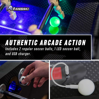 Atomic Azure LED Foosball Table – Light Up Arcade Style Table with In-Rail LED Lighting, Music, Electronic Scoring, Glow Foosball, 47” x 27” Playfield