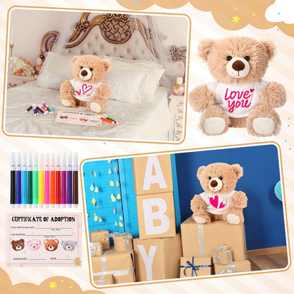 HyDren 15 Pcs Make Your Own Stuffed Animal Bear Kit DIY Adopt and Stuff Kit 10 Inch Soft Bear Plush White T Shirt Adoption Card DIY Brush for Birthday Personalized Gifts