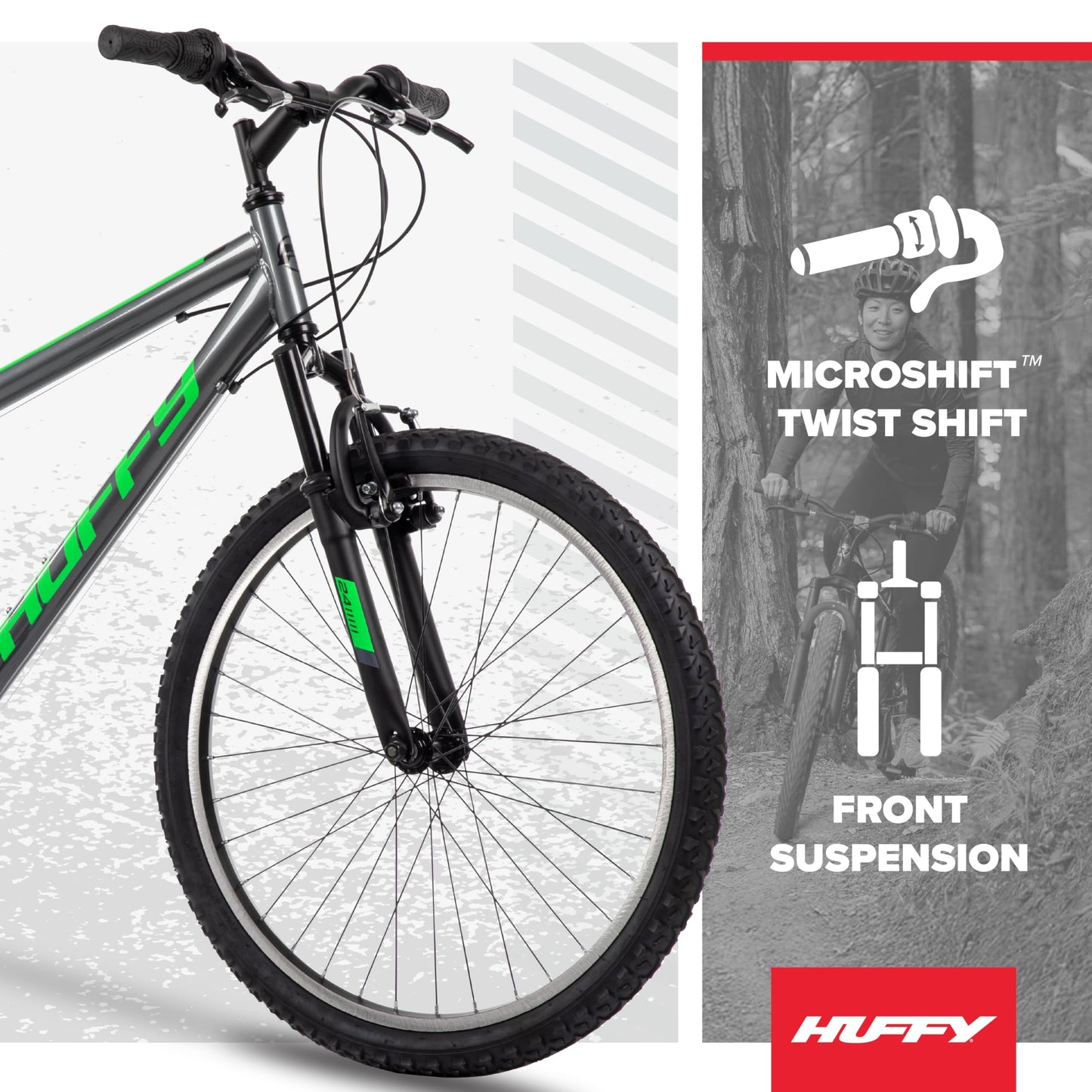 Huffy Stone Mountain Mens 24 Inch Mountain Bike, Charcoal Gloss Frame, 21-Speed Shimano Twist Shifting, Front Suspension, Comfort Saddle | 20"/24"/26" Sizes, 6-21 Speeds, Dual Suspension Available