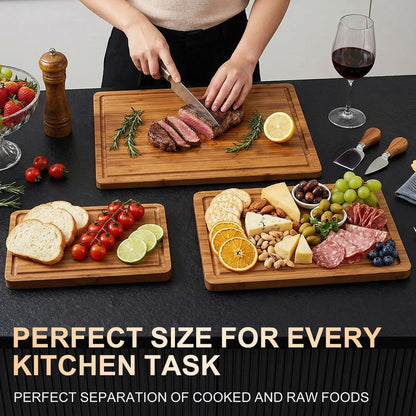 3 Pack Bamboo Cutting Board Set with Non Slip Solid Wood Cutting Boards Non Toxic Chopping Board for Kitchen Small Cutting Board Non Plastic Charcuterie Boards Meat Healthy Bread Cutting Board Sets