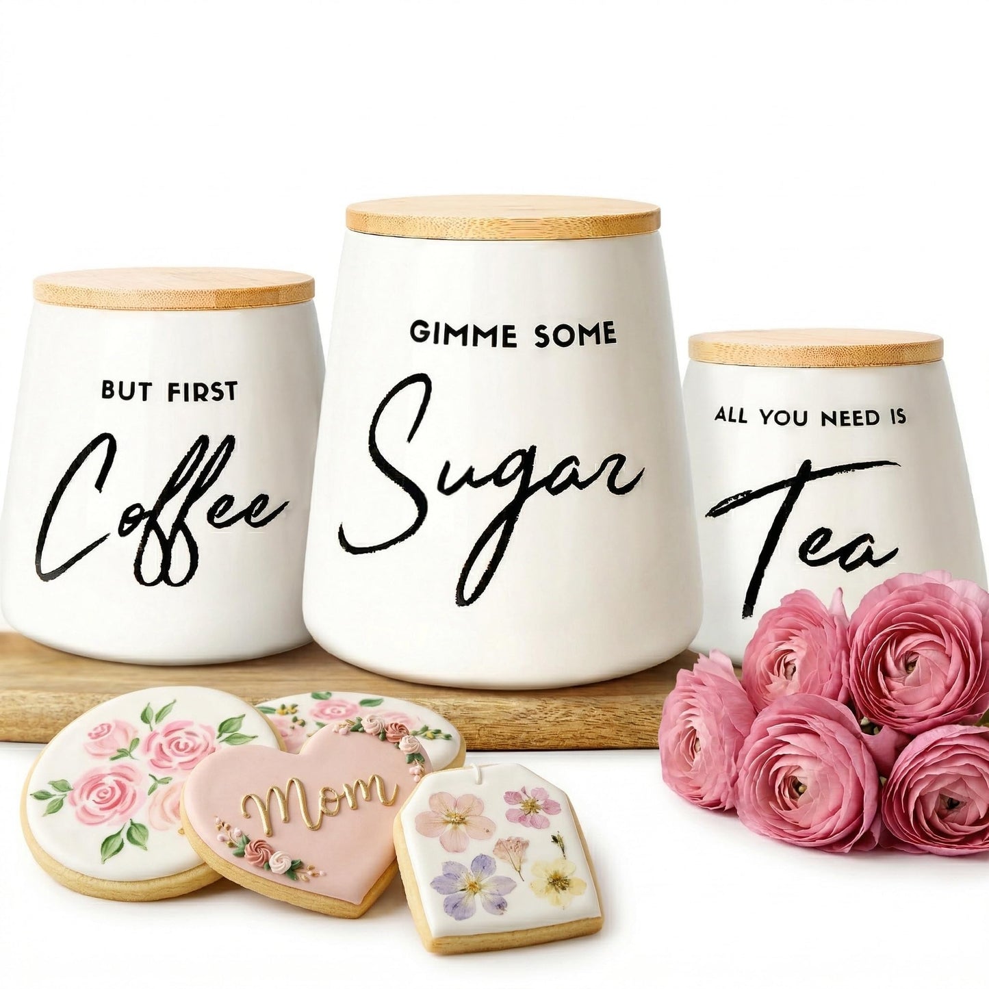 FIFTH FORK Coffee Tea and Sugar Ceramic Canister Set with Bamboo Lids - 3-Piece Airtight Kitchen Canisters for Countertop - Coffee Bar Container Set, Off-White