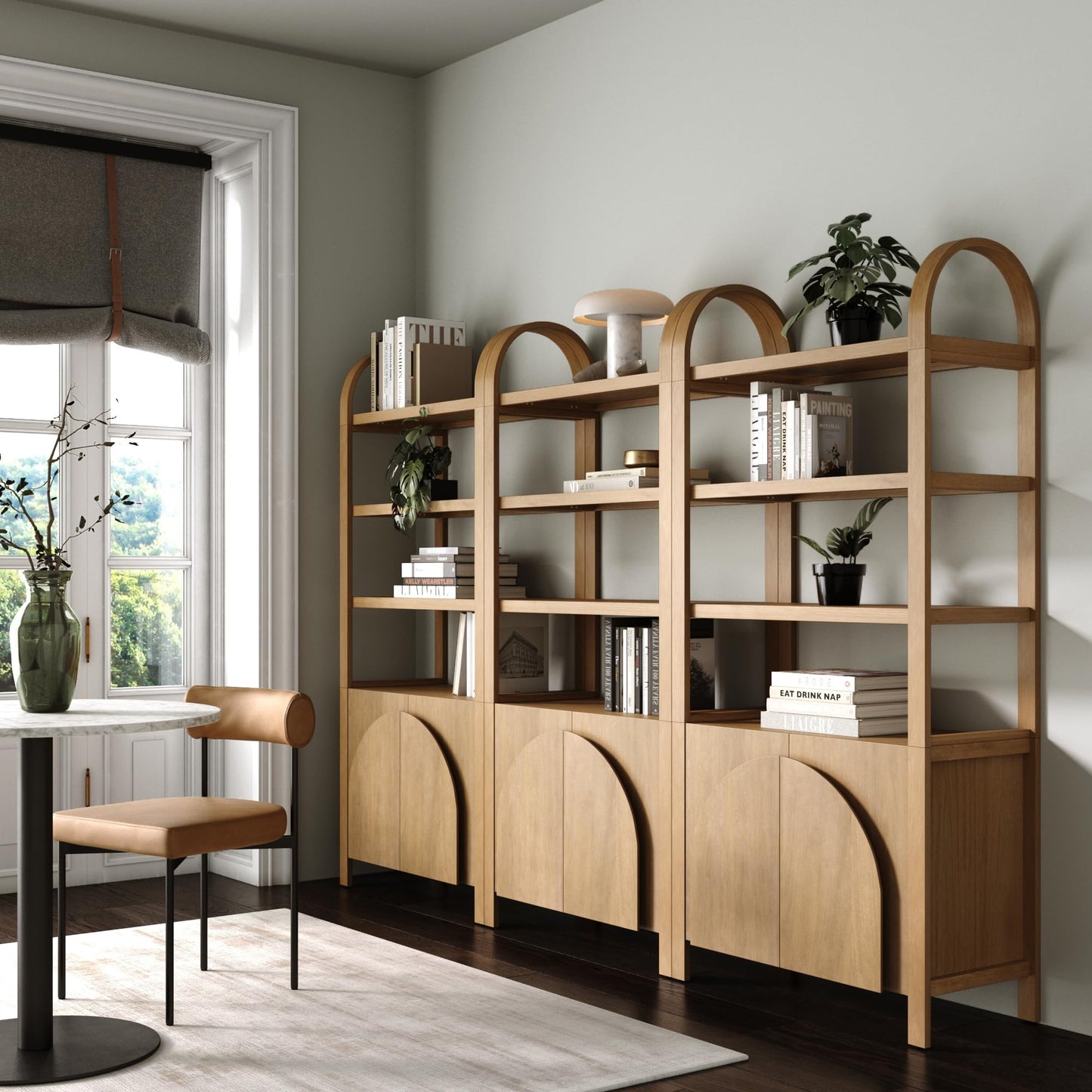 Nathan James Iris 3 Tier Bookshelf, Arched Bookcase Cabinet, Solid Wood Bookcase with Cabinet Base, Boho Bookshelf in Unbrushed Light Brown Finish, Set of 3