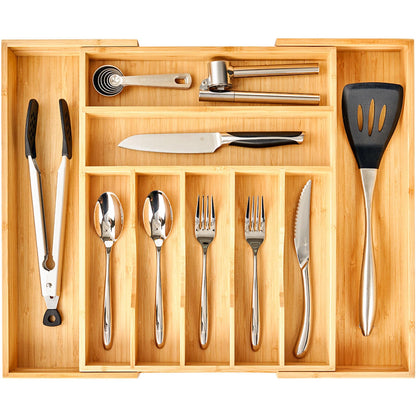 Umilife Large Expandable Kitchen Silverware Utensils Drawer Organizer, 2.5" Extra High Adjustable Drawer Divider with Curved Grooves, Bamboo Wood Cutlery Tray Flatware Holder