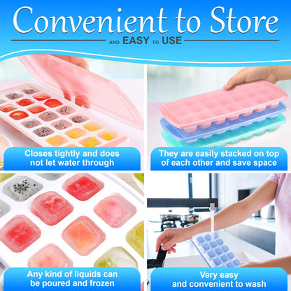 5 Pc Silicone Ice Cube Trays for Freezer with Lid - 12x4.8" (105 Cubes Total, 21 per Mold) Silicone Ice Trays for Freezer Durable & Flexible Molds, Easy to Use & Clean, Good for Home & Commercial Use