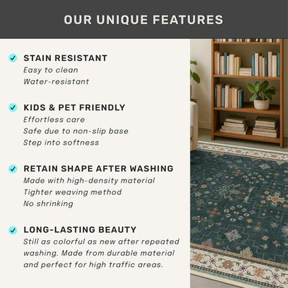 Hazo Haus Dark Green Kitchen Rug - Modern Vintage Boho Floral Design, Washable Non-Slip Runner, 2x6 ft
