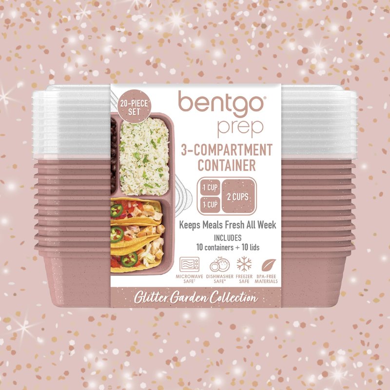 Bentgo Prep - 20-Piece 3-Compartment Reusable Meal Prep Containers with Lids, PFAS & BPA Free Materials, Durable, Microwave, Freezer, & Dishwasher Safe To Go Food Storage (Rosette Glitter)