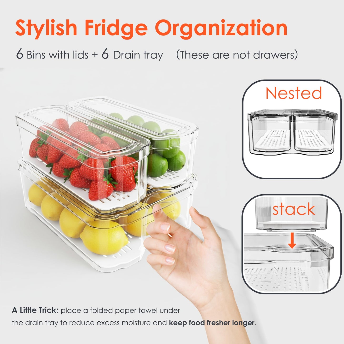 SMRCAD Fridge Organizers and Storage, 6 Pack Clear Freezer Organizer Bins with Lids for Kitchen, Pantry, Refrigerator, Food, Fruit, Vegetable Storage
