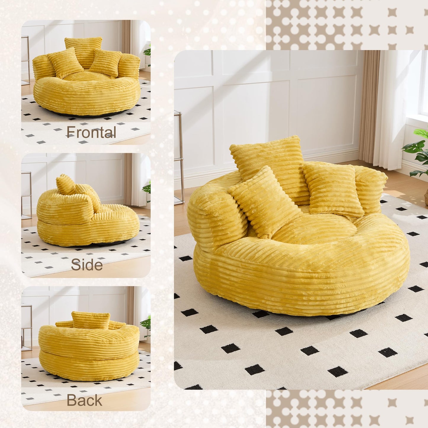KEIKI Oversized Bean Bag Sofa Chair with Armrests & Pillows, Corduroy Beanbag Chair for Adults & Teens, Memory Foam Lazy Sofa No Assembly, Cozy Dorm Room & Apartment Furniture