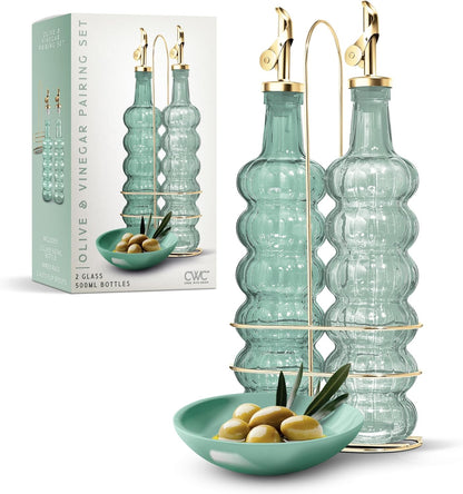 2 Pack- 17oz COOK WITH COLOR Glass Olive Oil Bottle Dispenser - Oil and Vinegar Cruet - Olive Oil Carafe Decanter