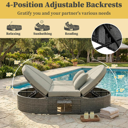 SoarFlash Outdoor Sun Bed Patio 2-Person Daybed, Rattan Sun Day Sofa Bed Reclining Lounger with Adjustable Backrests, Foldable Cup Trays for Lawn Poolside Deck Backyard (Grey)