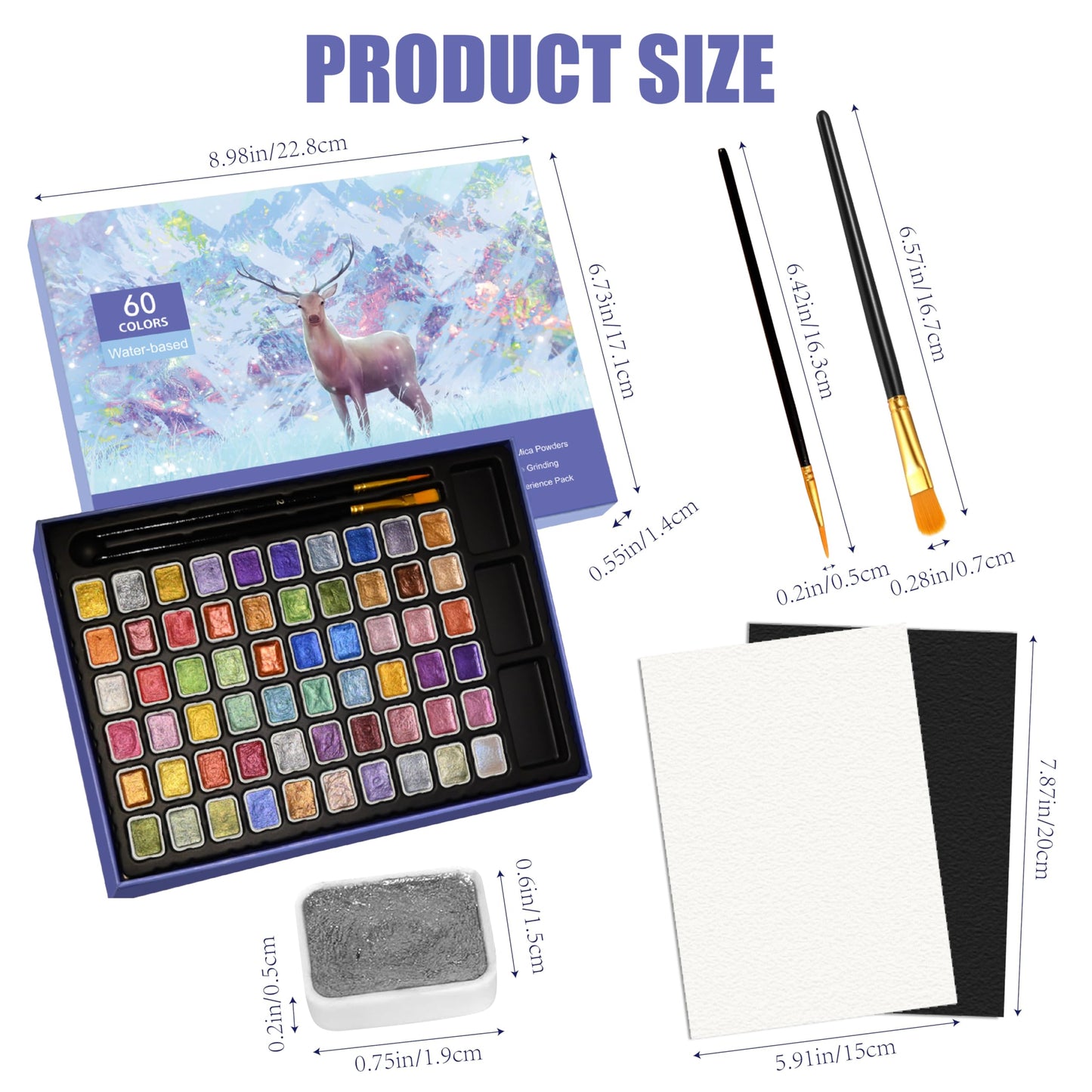 GlisDyck Mini Shimmer Watercolor Paint Set, 60 Colors Glitter Metallic Watercolour Painting Sets, Solid Pearl Water Color Paints for Artists, Amateur Hobbyists and Painting (60 Colours)