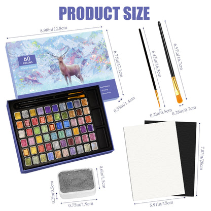 GlisDyck Mini Shimmer Watercolor Paint Set, 60 Colors Glitter Metallic Watercolour Painting Sets, Solid Pearl Water Color Paints for Artists, Amateur Hobbyists and Painting (60 Colours)