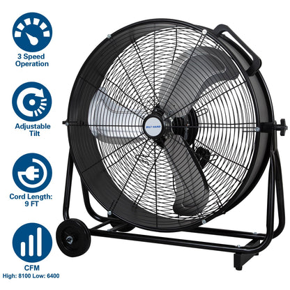 BILT HARD 24" 8100 CFM High Velocity Drum Fan, 3 Speeds Heavy Duty Tilt Metal Floor Shop Fan, Commercial Industrial Use for Garage, Factory, Warehouse, Black