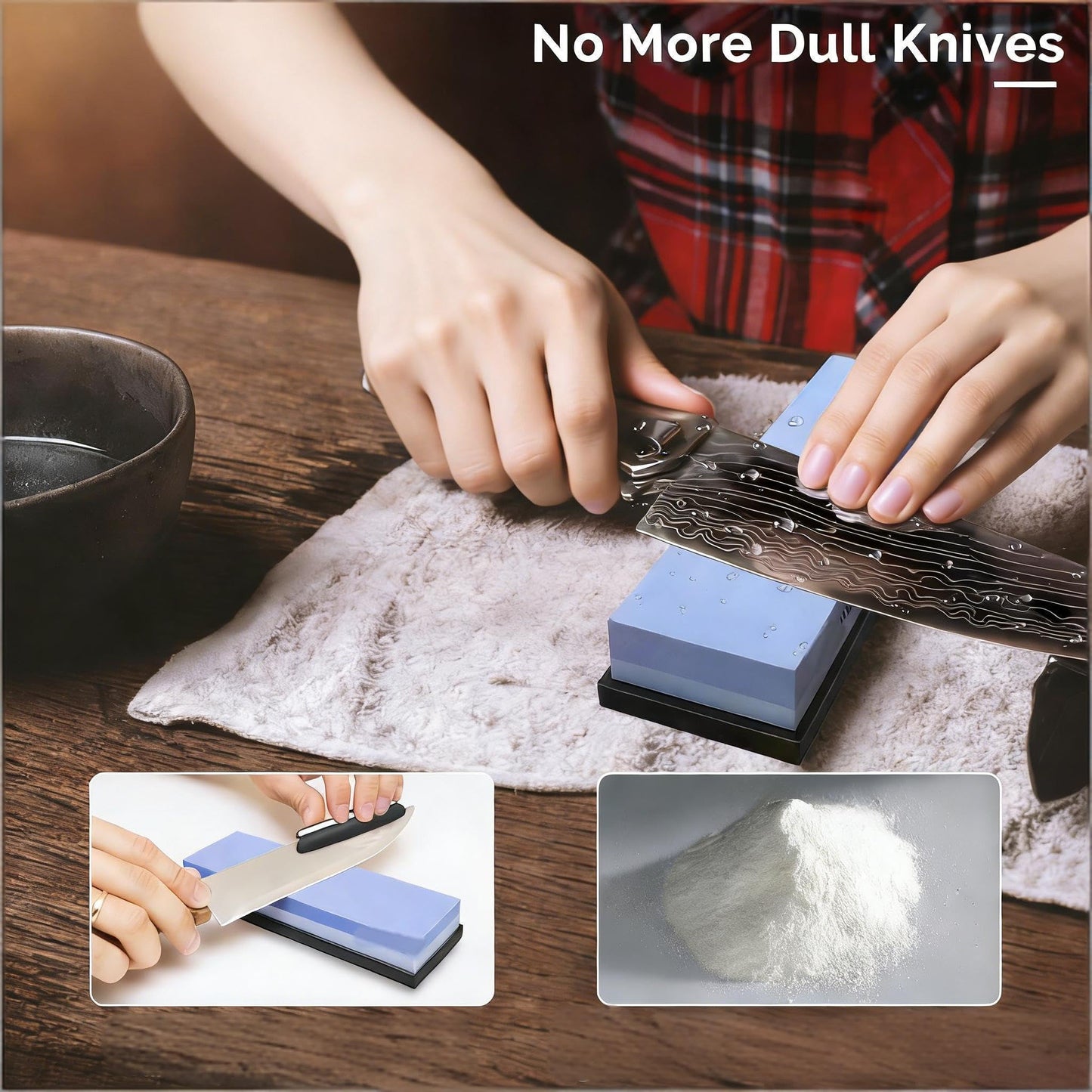 Dual Grit Whetstone 400/1000 3000/8000 Knife Sharpener with Leather Strop, Flattening Stone, Bamboo Base, 3 Non-slip Rubber Bases & Angle Guide | Perfect for Chef