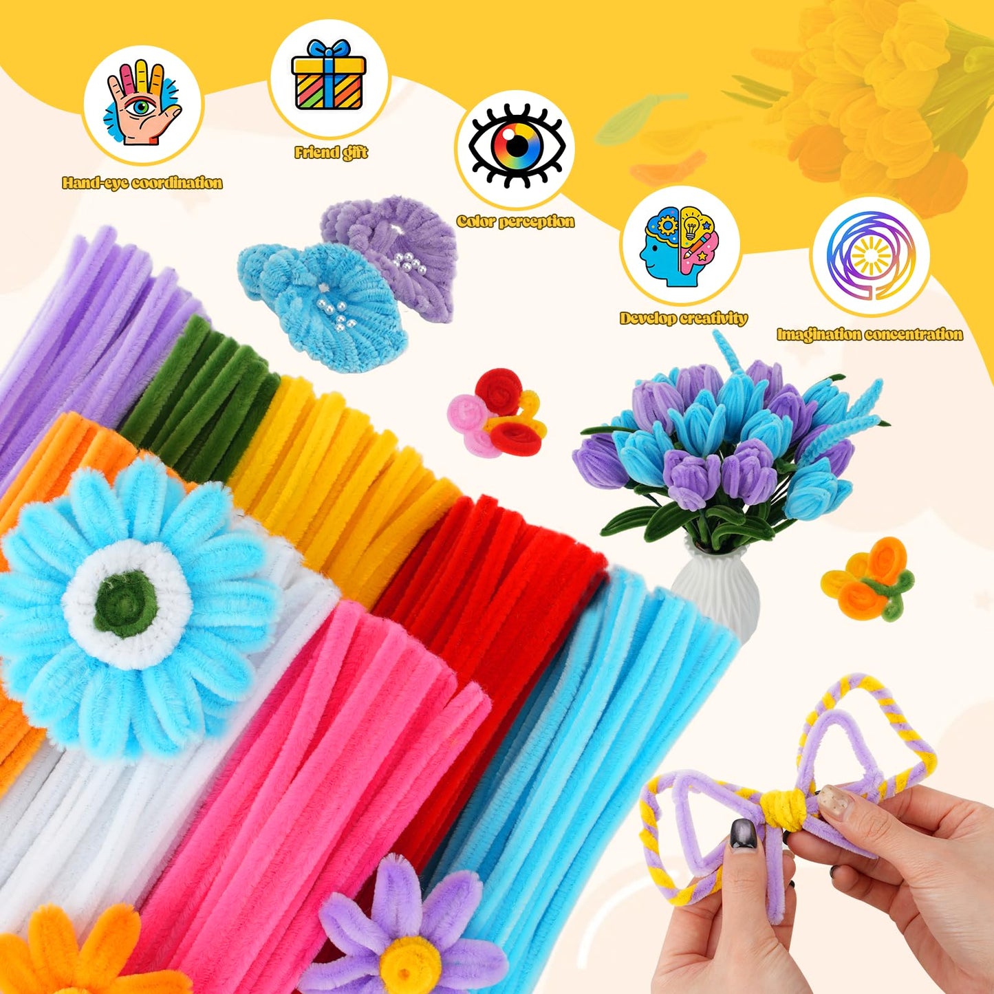 800PCS Pipe Cleaners Flower Kit, Pipe Cleaner Bulk Craft Flower Making Kit with Instruction, 8 Colors Thick Chenille Stems for Arts DIY Craft Supplies with Greeting Card, Floral Wires, Tape, Stamen