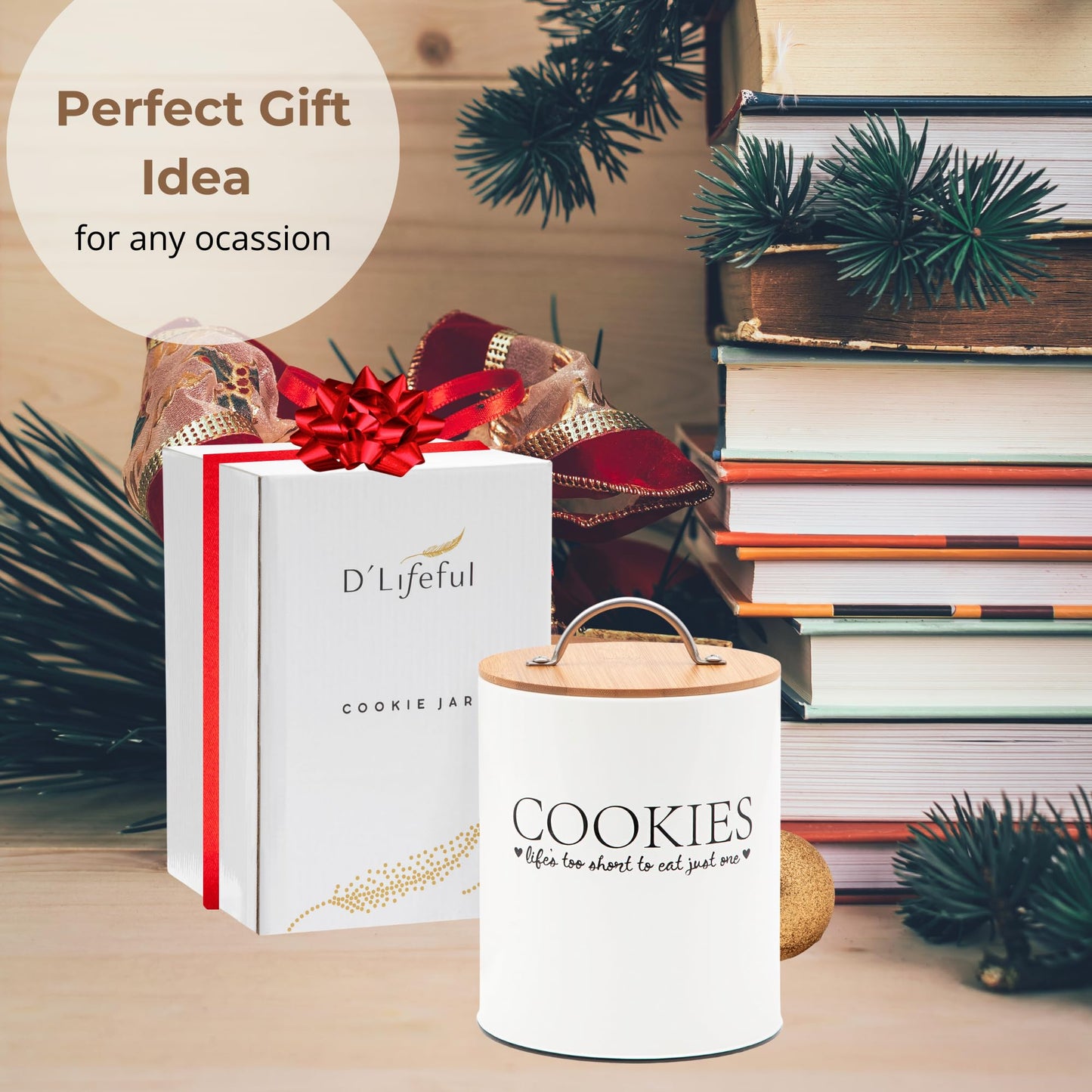 D'Lifeful Cookie Jar with Airtight Bamboo Lid – 0.6 Gallon Cute and Decorative Cookie Storage for Kitchen Countertop – Farmhouse Storage Tin for Freshness – Great Gift Idea