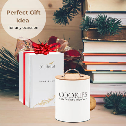 D'Lifeful Cookie Jar with Airtight Bamboo Lid – 0.6 Gallon Cute and Decorative Cookie Storage for Kitchen Countertop – Farmhouse Storage Tin for Freshness – Great Gift Idea