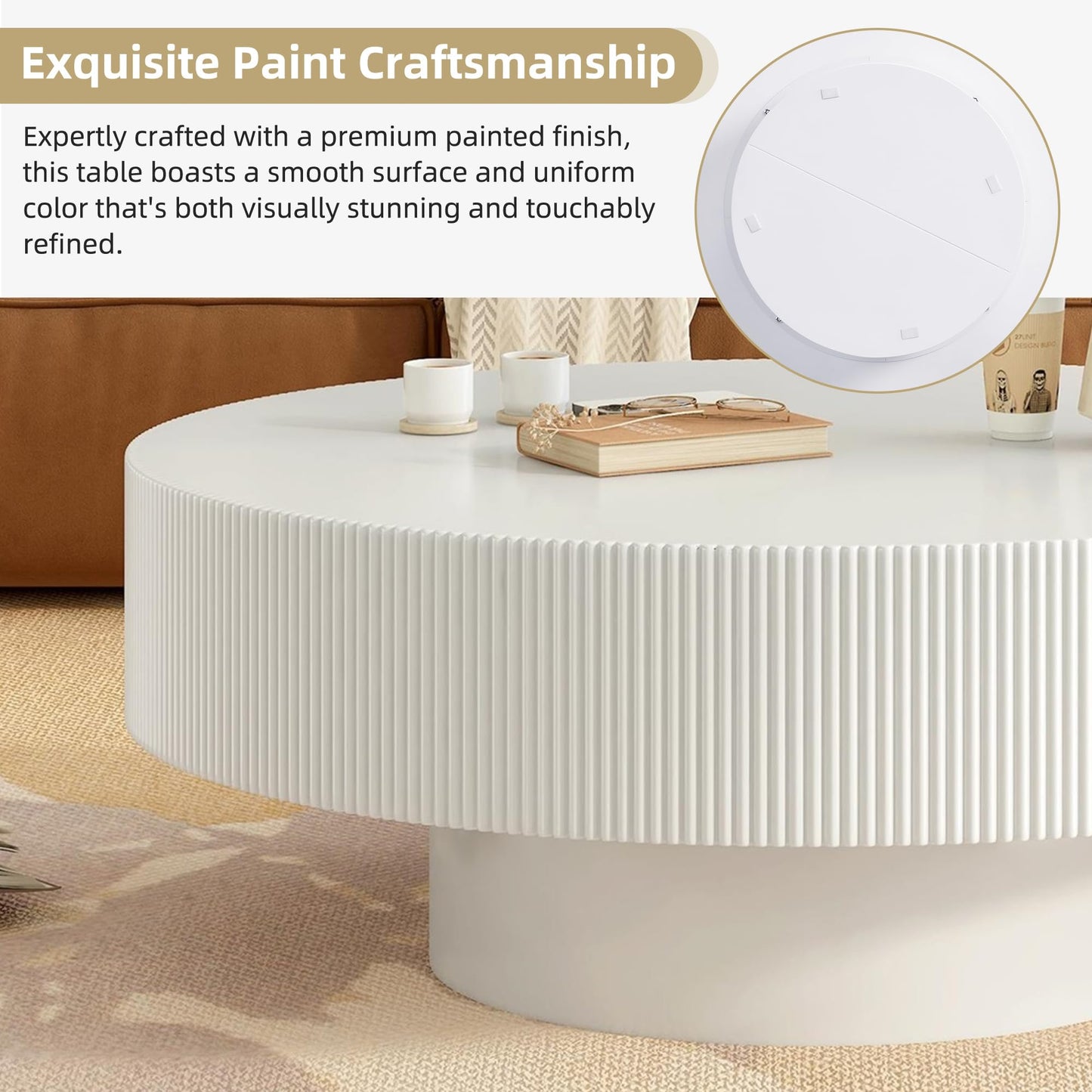 Merax Modern Round Coffee Table with Sturdy Base, Wood Sofa Center Tables for Living Room, Reception Room, Easy Assemble, White