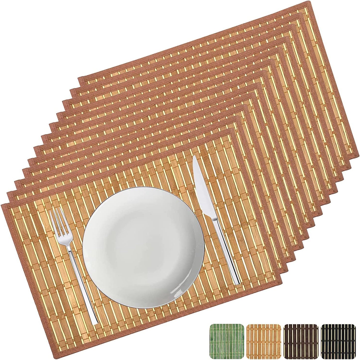 ANDSTAR Set of 12 Pcs Bamboo Placemats with Fabric Border Sushi Rolling Mat Japanese Style Natural Anti-Slip Bamboo Placemats Washable Heat-Resistant Table Mats for Dining Room and Kitchen(Coffee)