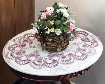 White Mauve Rose Jacquard Lace Doily, Placemats, Dresser Scarf, Table Runner Set of 2 (14Wx21L)