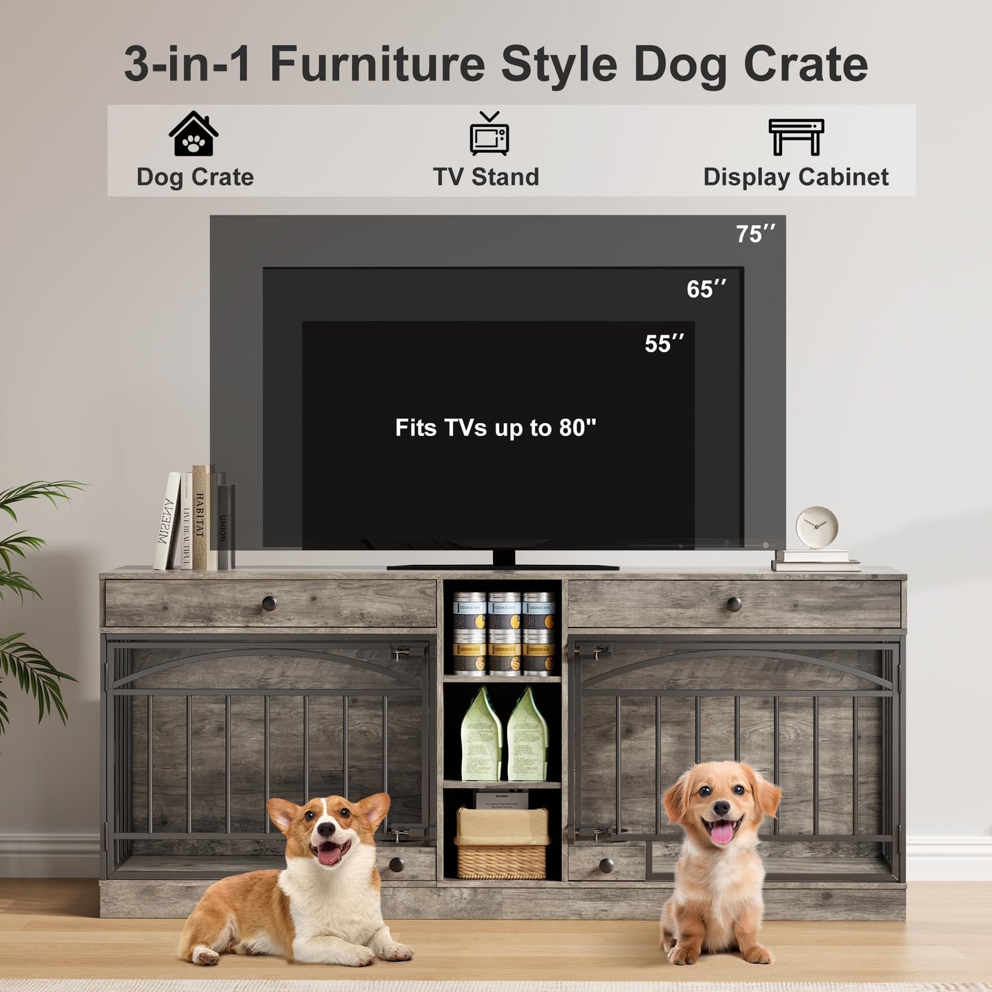 GarveeHome Dog Crate Furniture for 2 Dogs, Dog Kennel Indoor with Storage and Feeding Bowls, Double Dog Crate TV Stand for Small Medium Dogs, Grey