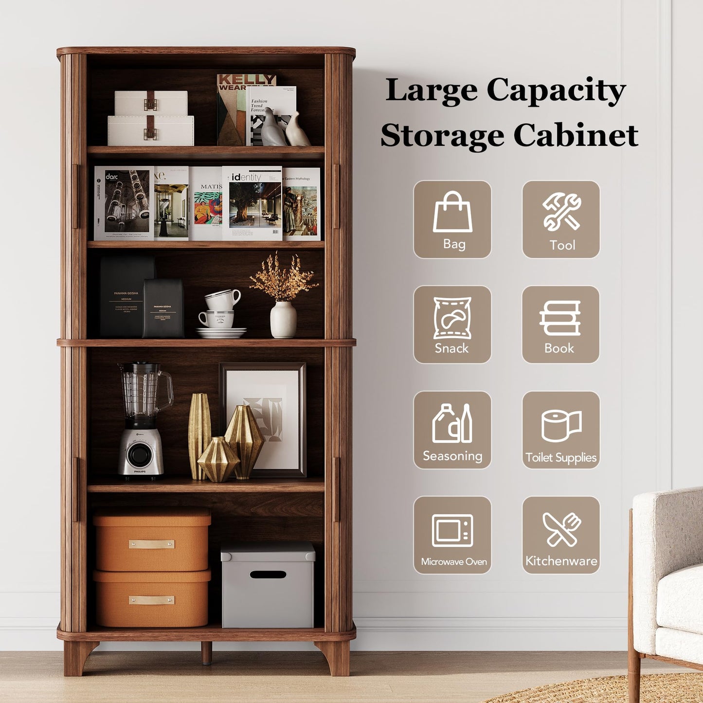 Decofy 69" Tall Kitchen Pantry Storage Cabinet with Sliding Door, Modern Curved Edge Pantry Storage Cabinet with 5 Shelves, Cupboard for the Kitchen, Dining Room, Bedroom, Living Room, Office (Walnut)
